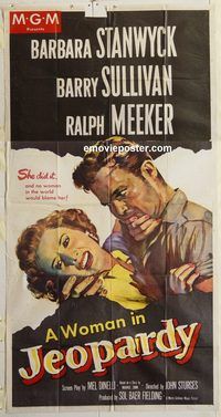 b748 JEOPARDY three-sheet movie poster '53 Barbara Stanwyck, film noir!
