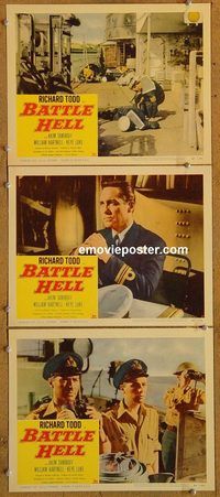 e269 BATTLE HELL 3 vintage movie lobby cards '57 Richard Todd, Tamiroff