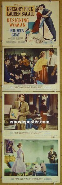 e417 DESIGNING WOMAN 4 vintage movie lobby cards '57 Gregory Peck, Bacall