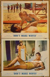 e112 DON'T MAKE WAVES 2 vintage movie lobby cards'67 Tony Curtis, Sharon Tate
