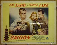 d595 SAIGON vintage movie lobby card #4 '48 great Alan Ladd & Lake close up!