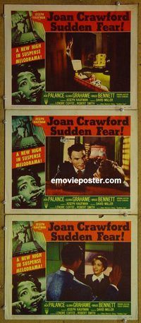 e379 SUDDEN FEAR 3 vintage movie lobby cards '52 Joan Crawford, Jack Palance