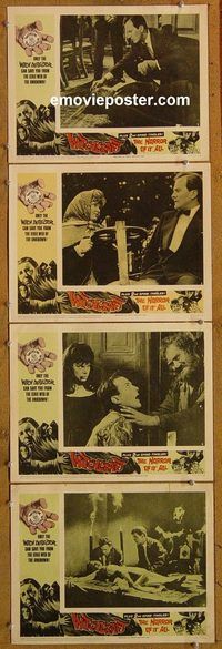 e524 WITCHCRAFT/HORROR OF IT ALL 4 vintage movie lobby cards '64 eerie!