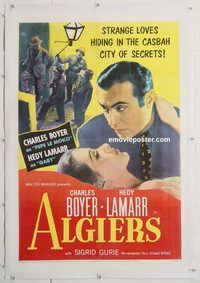 p321 ALGIERS linen one-sheet movie poster R53 Charles Boyer, Hedy Lamarr