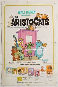 p325 ARISTOCATS linen one-sheet movie poster R73 Walt Disney cartoon!