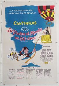 p327 AROUND THE WORLD IN 80 DAYS linen Spanish/U.S. 1sh '56 all-stars, Hirschfeld art!