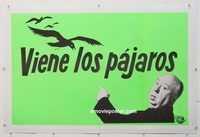p339 BIRDS linen Spanish/US one-sheet movie poster '63 teaser w/Hitchcock!