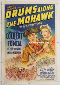 p384 DRUMS ALONG THE MOHAWK linen one-sheet movie poster '39 John Ford