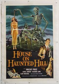 p431 HOUSE ON HAUNTED HILL linen one-sheet movie poster '59 Vincent Price