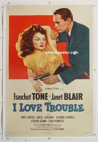 p437 I LOVE TROUBLE linen one-sheet movie poster '47 most classic image!