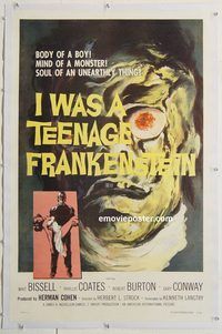 p438 I WAS A TEENAGE FRANKENSTEIN linen one-sheet movie poster '57 AIP