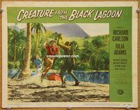 p020 CREATURE FROM THE BLACK LAGOON LC #7 '54 Julia Adams watches Gozier attack monster on beach!