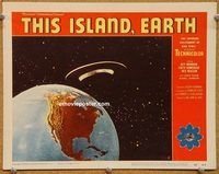 p037 THIS ISLAND EARTH lobby card #5 '55 spaceship over Earth!