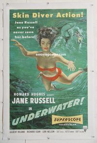 p599 UNDERWATER linen one-sheet movie poster '55 sexy scuba Jane Russell!