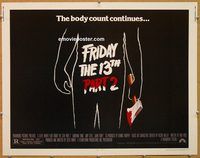 y182 FRIDAY THE 13TH 2 half-sheet movie poster '81 Jason, slasher horror!