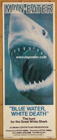 w107 BLUE WATER, WHITE DEATH insert movie poster '71 shark image!