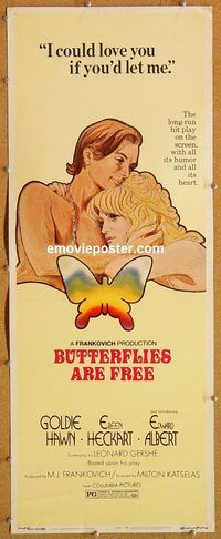 w119 BUTTERFLIES ARE FREE insert movie poster '72 Goldie Hawn