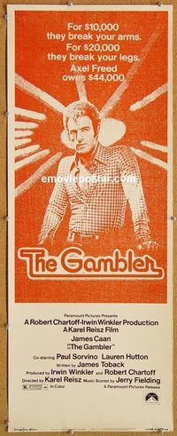w219 GAMBLER insert movie poster '74 James Caan, Paul Sorvino