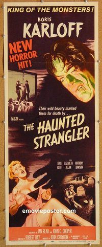 w242 HAUNTED STRANGLER insert movie poster '58 Boris Karloff, horror!