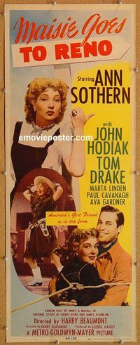 w331a MAISIE GOES TO RENO insert movie poster '44 Ann Sothern, Hodiak