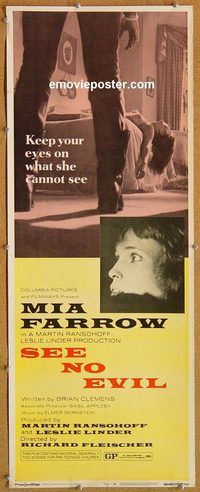 w459 SEE NO EVIL insert movie poster '71 Mia Farrow, blind horror!
