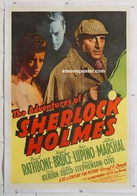 d014 ADVENTURES OF SHERLOCK HOLMES linen one-sheet movie poster '39 Rathbone