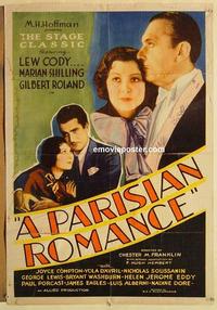 f507 PARISIAN ROMANCE one-sheet movie poster '32 Lew Cody, Shilling