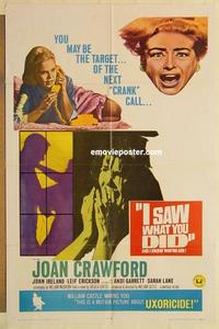 k496 I SAW WHAT YOU DID one-sheet movie poster '65 Joan Crawford, Ireland