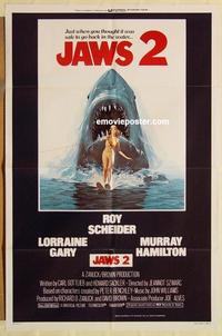 k536 JAWS 2 int'l one-sheet movie poster '78 Roy Scheider, man-eating shark!