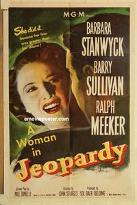 k539 JEOPARDY one-sheet movie poster '53 Barbara Stanwyck, film noir!