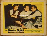 s105 BLACK SLEEP movie lobby card #8 '56 Basil Rathbone, injection!
