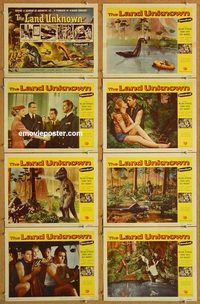 s437 LAND UNKNOWN 8 movie lobby cards '57 Jock Mahoney, dinosaurs!