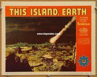 s709 THIS ISLAND EARTH movie lobby card #7 '55 destruction in sky!