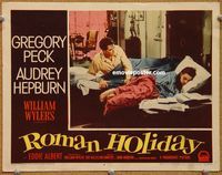 v022 ROMAN HOLIDAY movie lobby card #4 '53 Hepburn & Peck in bed!