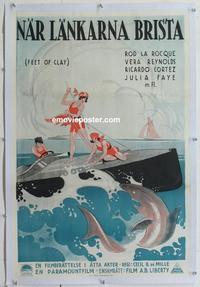 d061 FEET OF CLAY linen Swedish 23x35 '24 girls fight shark!