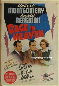 e301 RAGE IN HEAVEN Australian one-sheet movie poster '41 Bergman, Montgomery