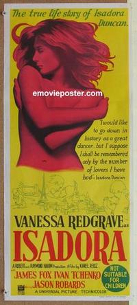 e796 LOVES OF ISADORA Australian daybill movie poster '69 Vanessa Redgrave