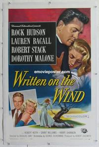 k490 WRITTEN ON THE WIND linen one-sheet movie poster '56 Rock Hudson, Bacall