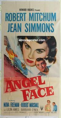 s039 ANGEL FACE three-sheet movie poster '53 Robert Mitchum, Jean Simmons