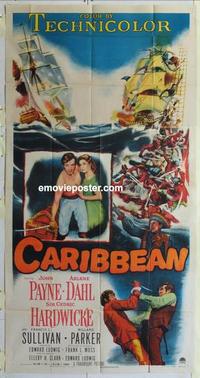 s149 CARIBBEAN three-sheet movie poster '52 John Payne, Arlene Dahl