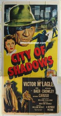 s168 CITY OF SHADOWS three-sheet movie poster '55 Victor McLaglen, John Baer