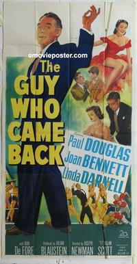 s387 GUY WHO CAME BACK three-sheet movie poster '51 Paul Douglas, football!