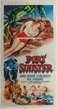 s528 PORT SINISTER three-sheet movie poster '53 crab attacks sexy girl!
