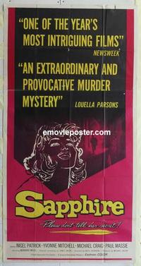 s537 SAPPHIRE three-sheet movie poster '60 Nigel Patrick, Basil Dearden