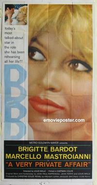 s574 VERY PRIVATE AFFAIR three-sheet movie poster '62 huge Bardot close up!