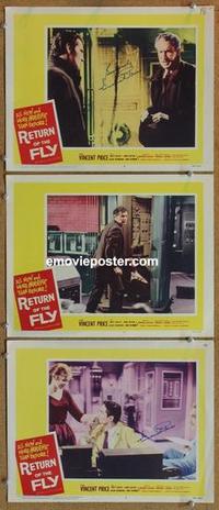 h618 RETURN OF THE FLY 3 signed movie lobby cards '59 Vincent Price!