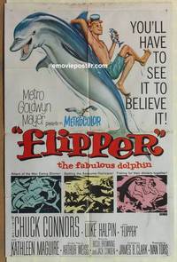 c695 FLIPPER one-sheet movie poster '63 Connors, Luke Halpin, dolphin!