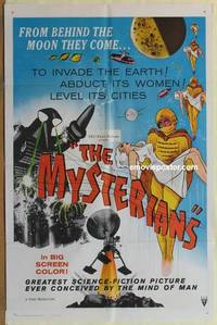 g533 MYSTERIANS RKO 1sh '59 Ishiro Honda, they're abducting Earth's women & leveling its cities!