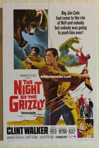 g570 NIGHT OF THE GRIZZLY one-sheet movie poster '66 Clint Walker, Hyer