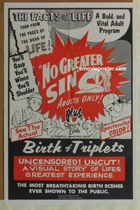 g584 NO GREATER SIN/BIRTH OF TRIPLETS one-sheet movie poster '60s uncut!